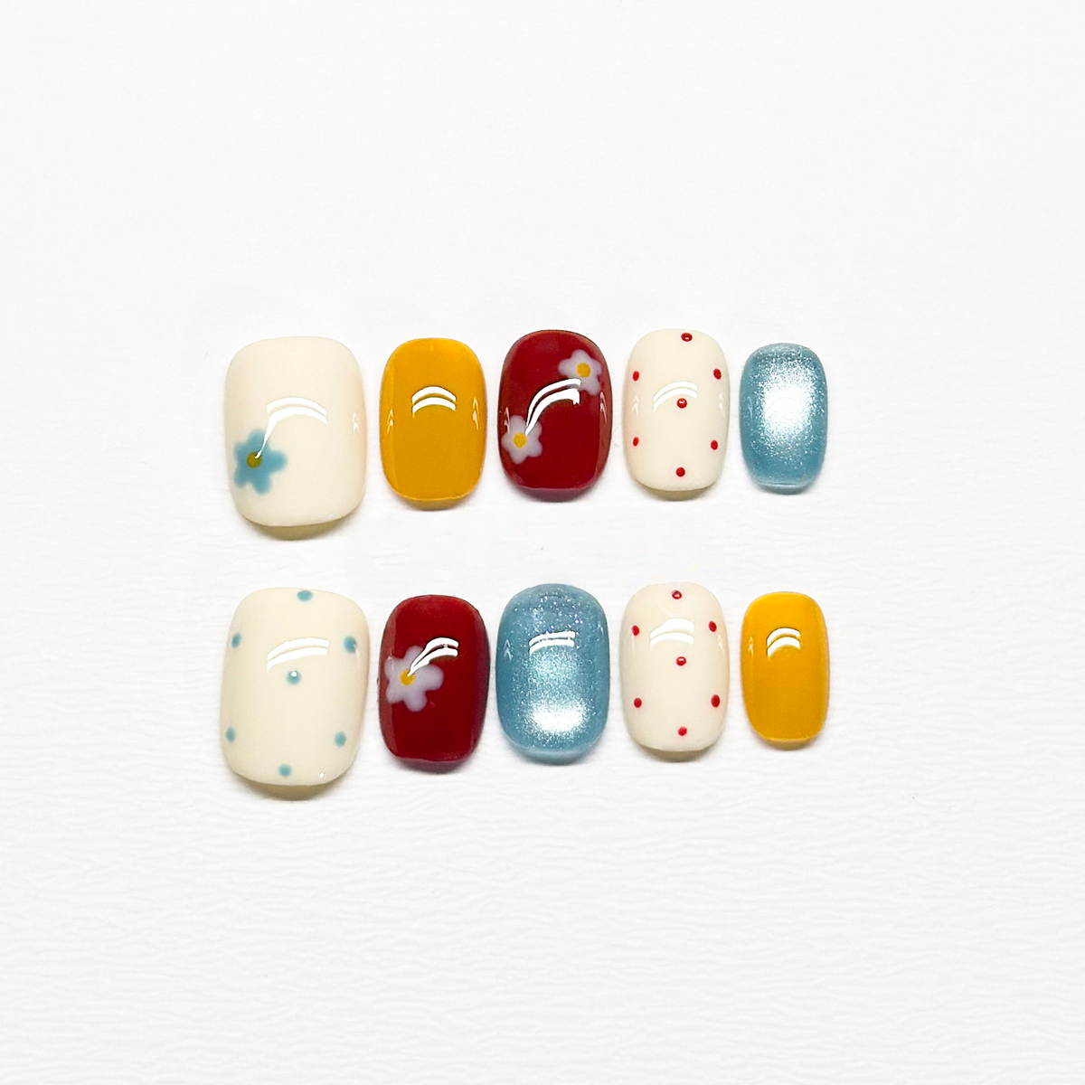 Doodle Daisy & Aqua - Handcrafted Y2K Floral & Aqua Cat-Eye Press-On Nails
