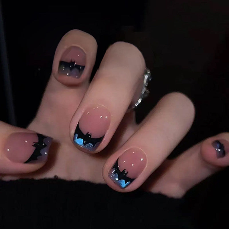 Gothic Bat Cat-Eye French - Handcrafted Bat Silhouette & Blue Cat-Eye Press-On Nails