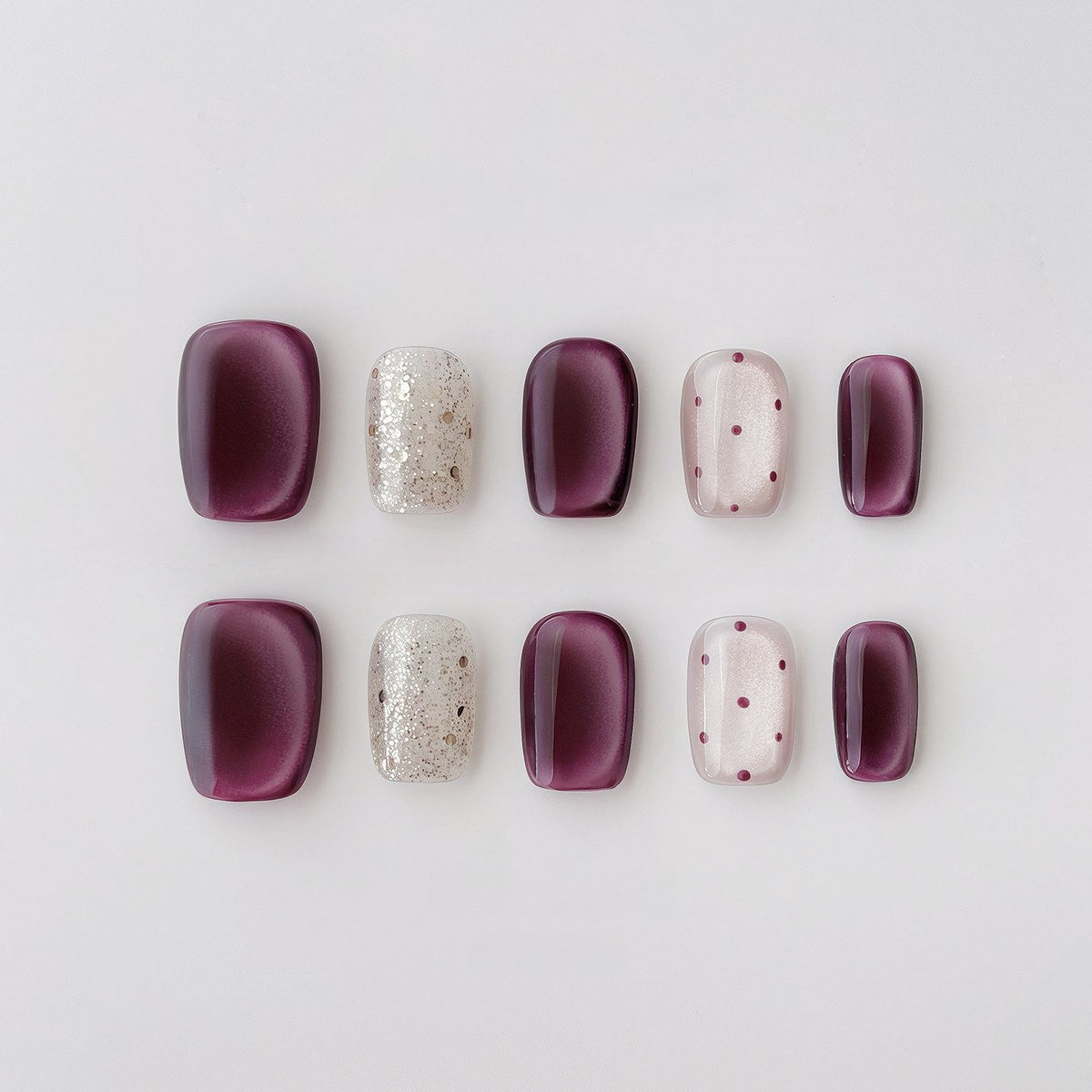 Burgundy Cat-Eye Polka Dot - Handcrafted Plum Velvet Cat-Eye & Silver Glitter Press-On Nails