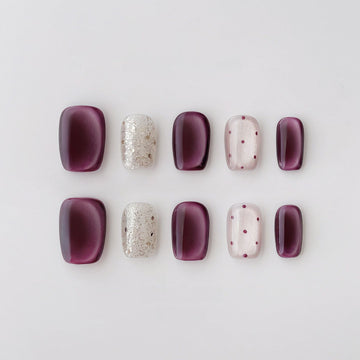 Burgundy Cat-Eye Polka Dot - Handcrafted Plum Velvet Cat-Eye & Silver Glitter Press-On Nails