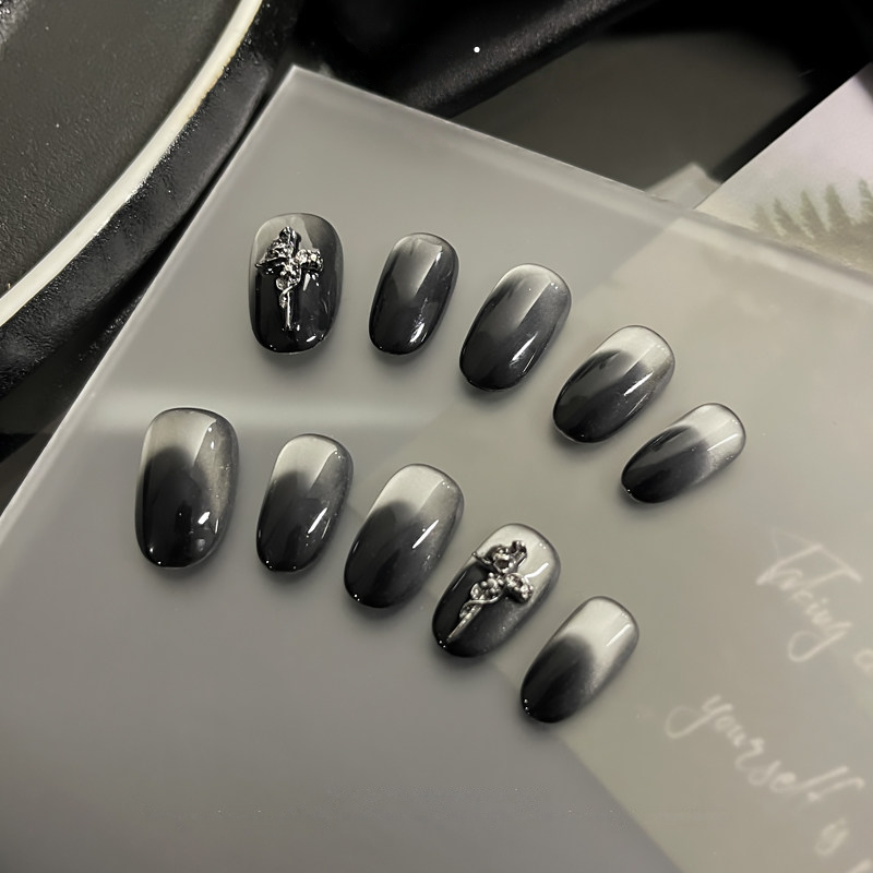 Gothic Silver Rose - Handcrafted Black Ombré Cat-Eye & 3D Metal Rose Press-On Nails