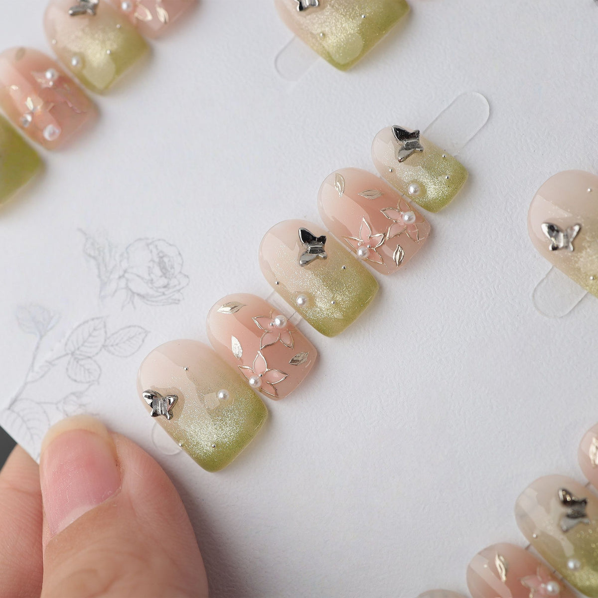 Matcha Butterfly - Handcrafted Matcha Green Cat-Eye & 3D Silver Butterfly Press-On Nails