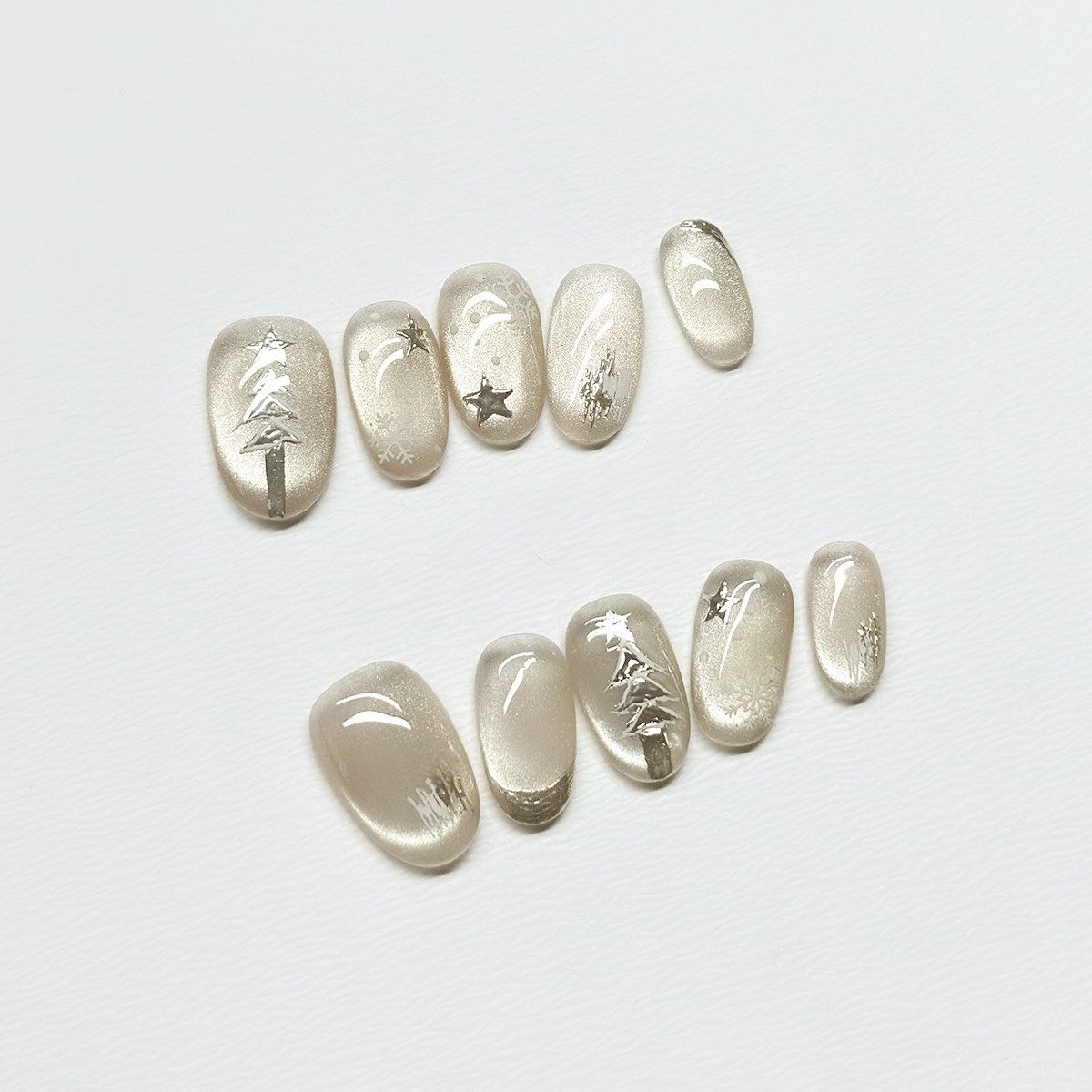 Silver Pine & Stars - Handcrafted Silver Chrome Pine Tree & Star Cat-Eye Press-On Nails