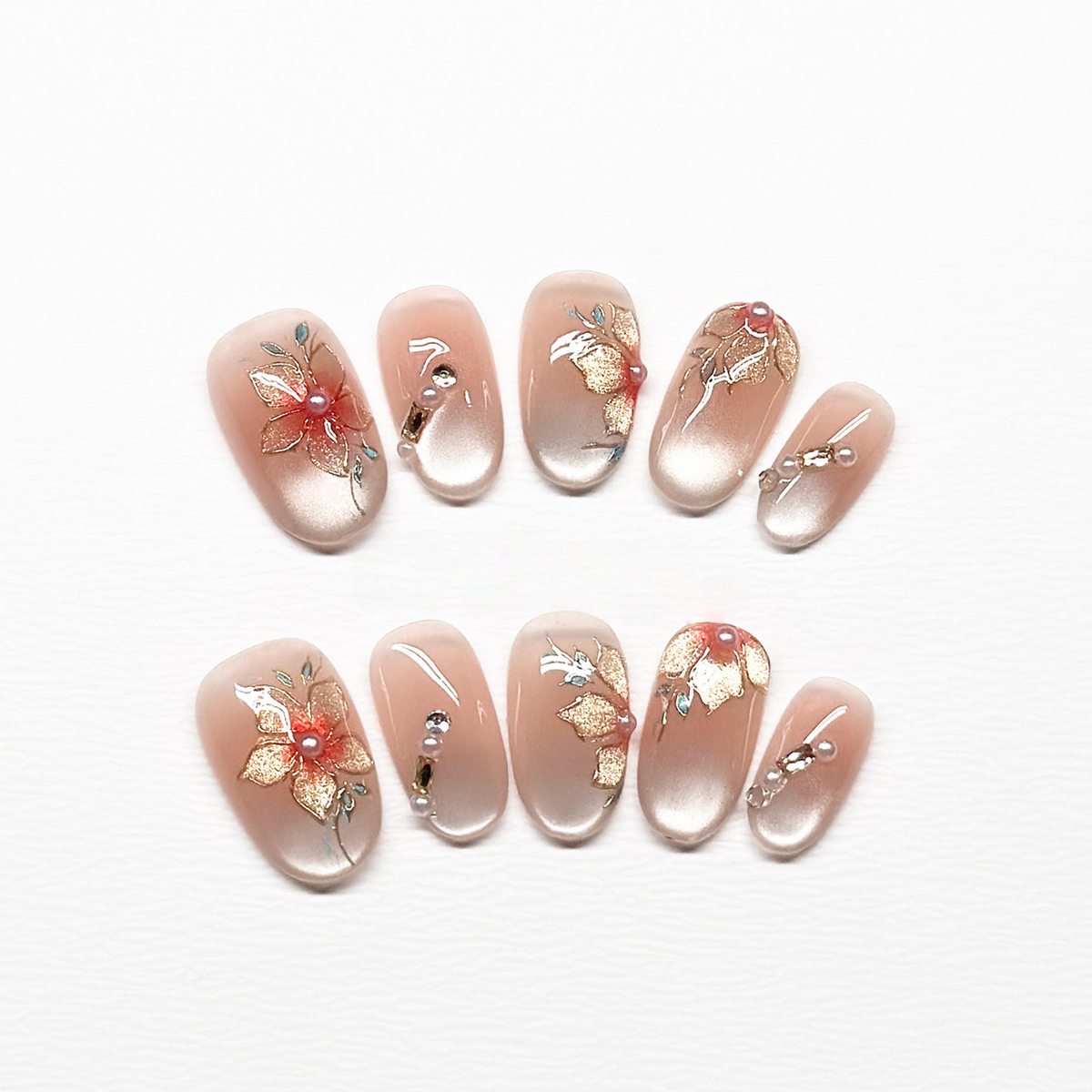 Imperial Rose - Handcrafted Champagne Cat-Eye & Gold Leaf Floral Press-On Nails