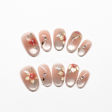 Imperial Rose - Handcrafted Champagne Cat-Eye & Gold Leaf Floral Press-On Nails