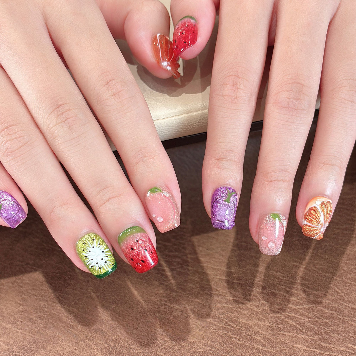 Juicy Summer Fruit - Handcrafted Multi-Color Cat-Eye & 3D Fruit Press-On Nails