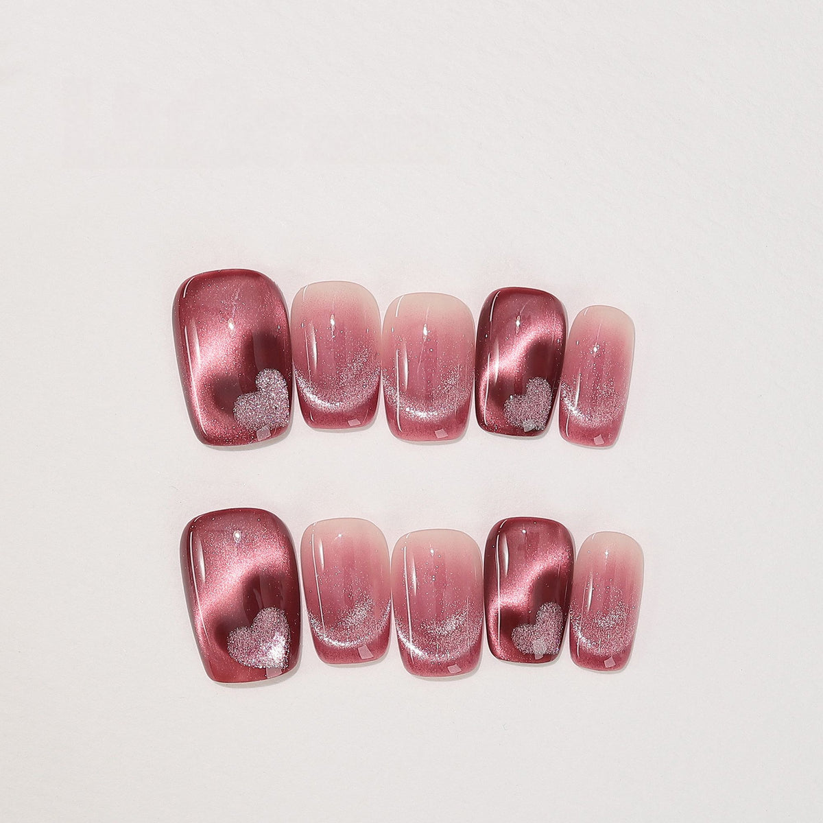 Berry Velvet Heart - Handcrafted Deep Berry Cat-Eye & 3D Magnetic Heart Press-On Nails