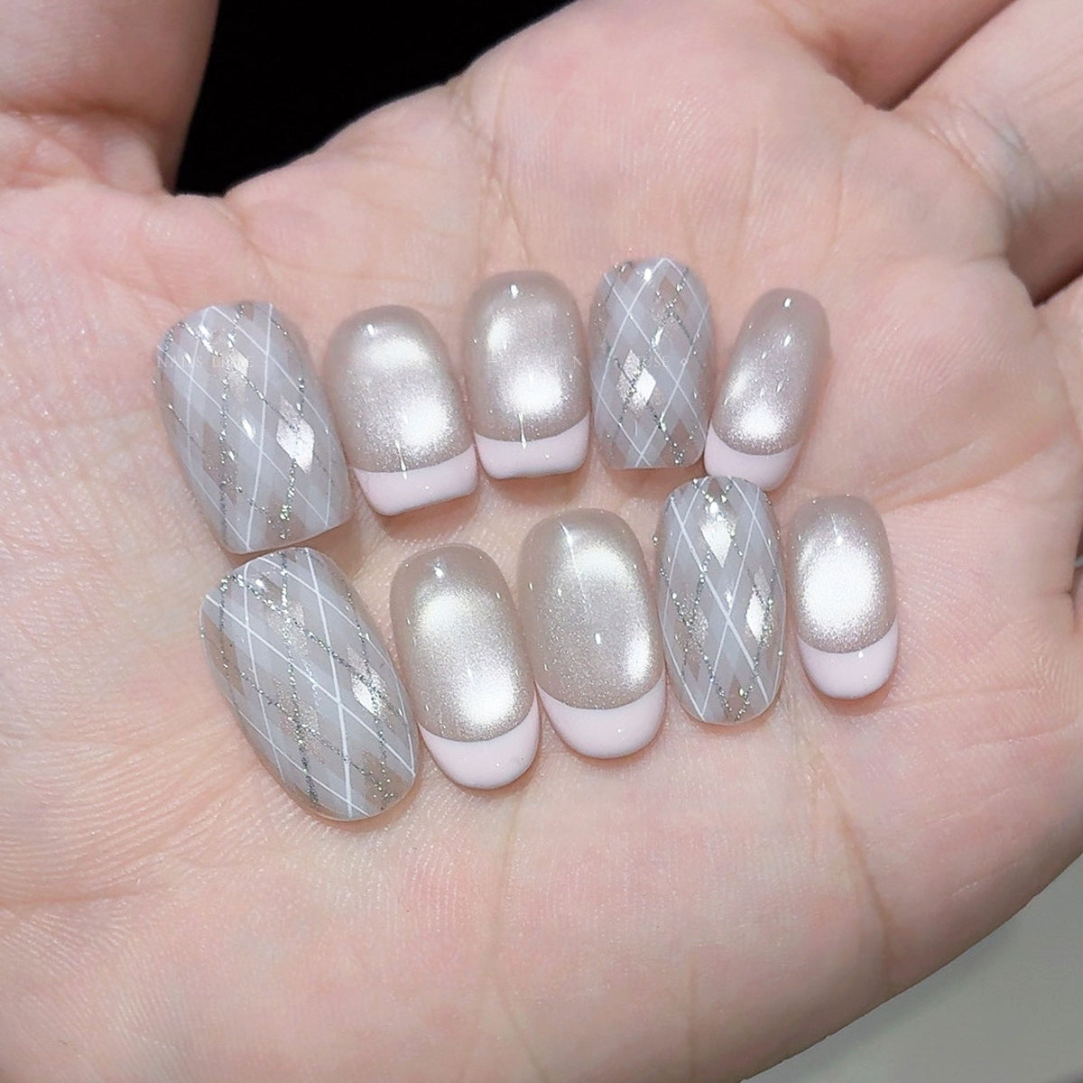 Pink Argile French - Handcrafted Pearl Cat-Eye & Blush French Plaid Press-On Nails