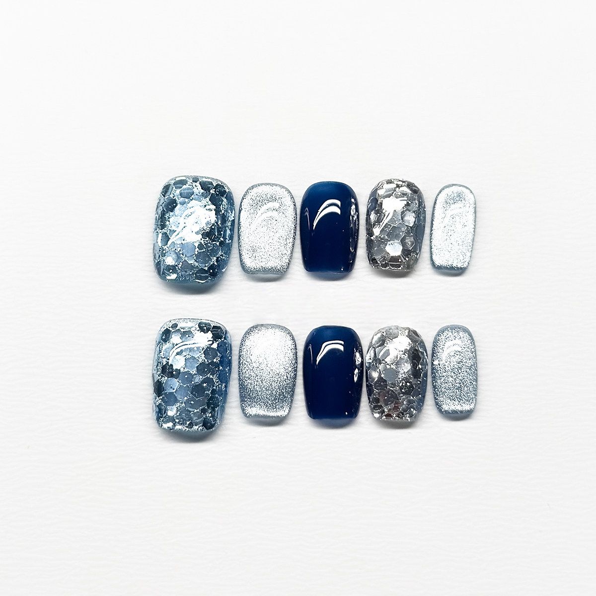 Ocean Glacier Sequins - Handcrafted Ice Blue Chunky Glitter & Deep Midnight Blue Press-On Nails