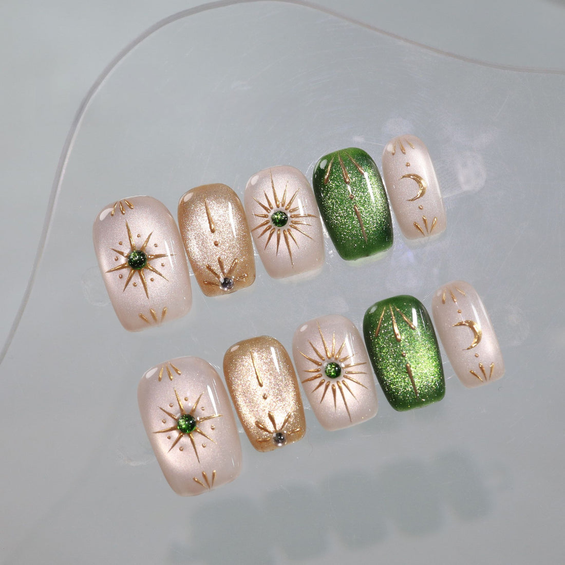 Celestial Emerald - Handcrafted Emerald Cat-Eye & 3D Gold Sun & Moon Press-On Nails