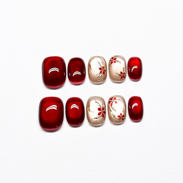 Imperial Blossom - Handcrafted Crimson Cat-Eye & Gold Relief Press-On Nails