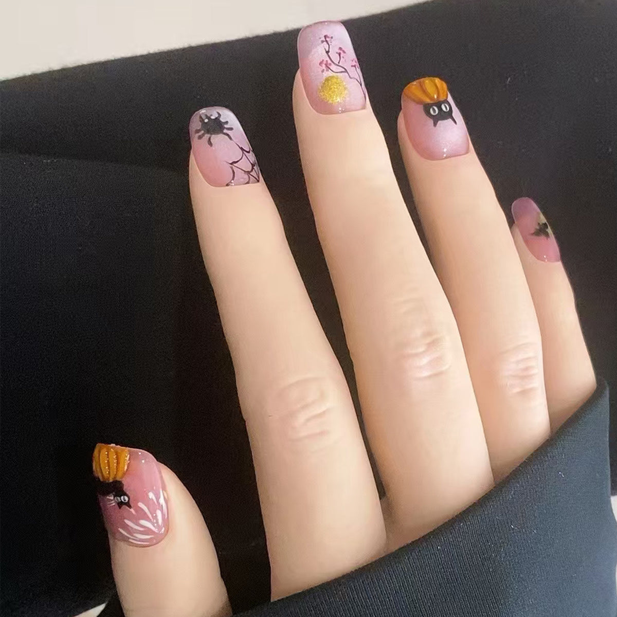 Pink Cat-Eye Spooky Kitten - Handcrafted 3D Pumpkin & Cute Black Cat Press-On Nails