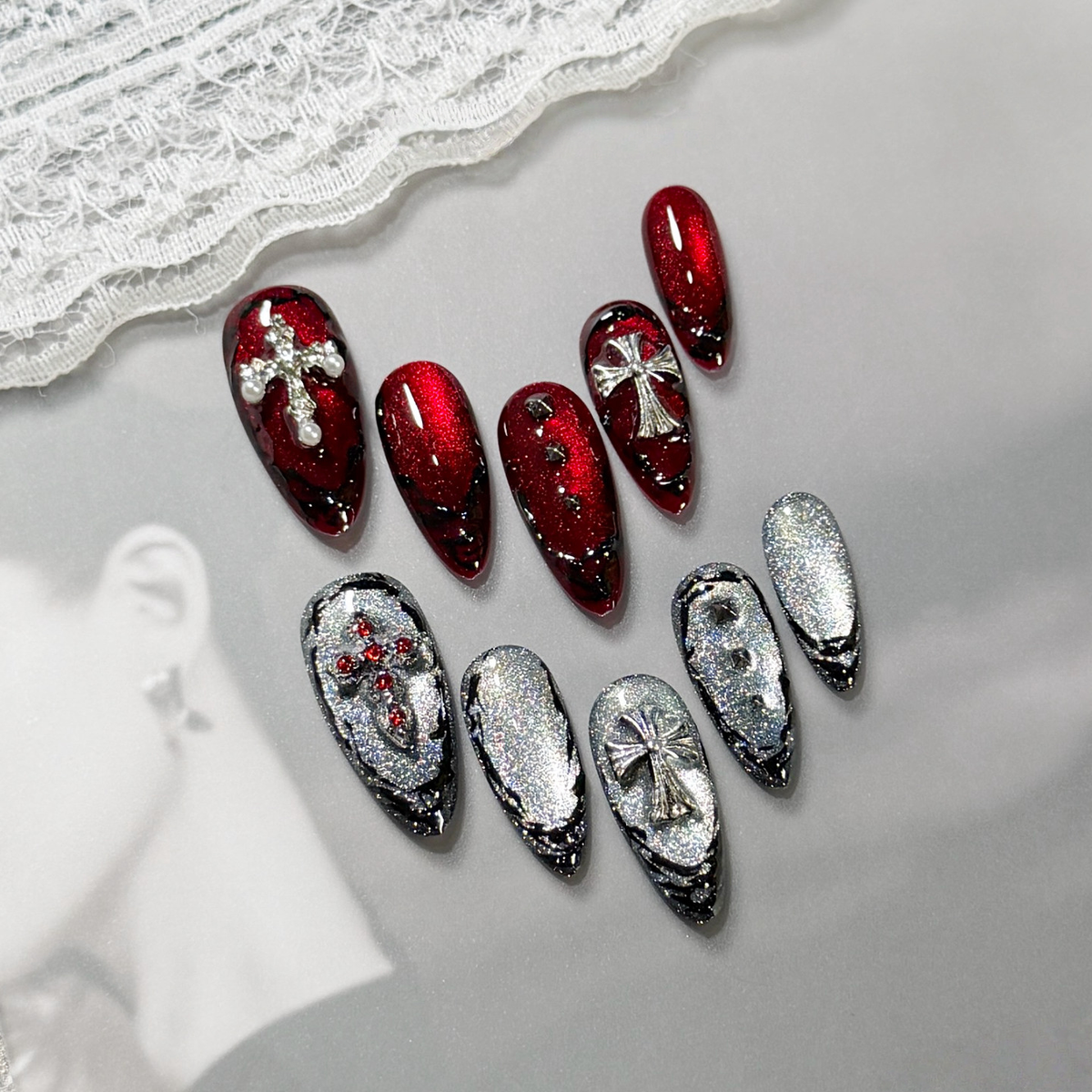 Gothic Cross - Handcrafted Dark Red Cat-Eye & 3D Silver Cross Press-On Nails