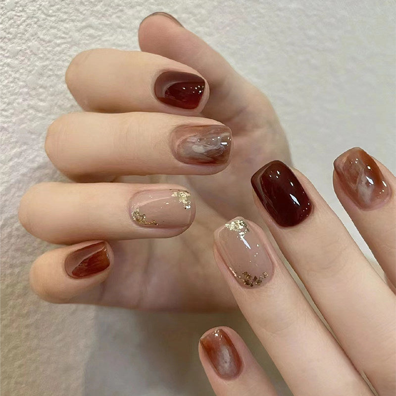 Amber Marble - Handcrafted Tortoiseshell & Gold Leaf Press-On Nails