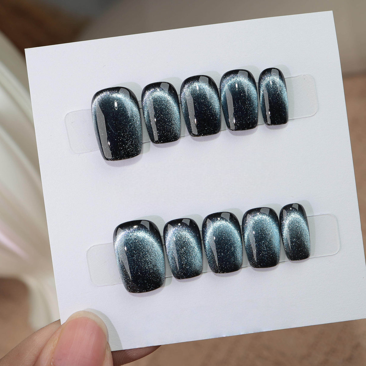 Obsidian Galaxy - Handcrafted Dark Teal & Silver Magnetic Cat-Eye Press-On Nails