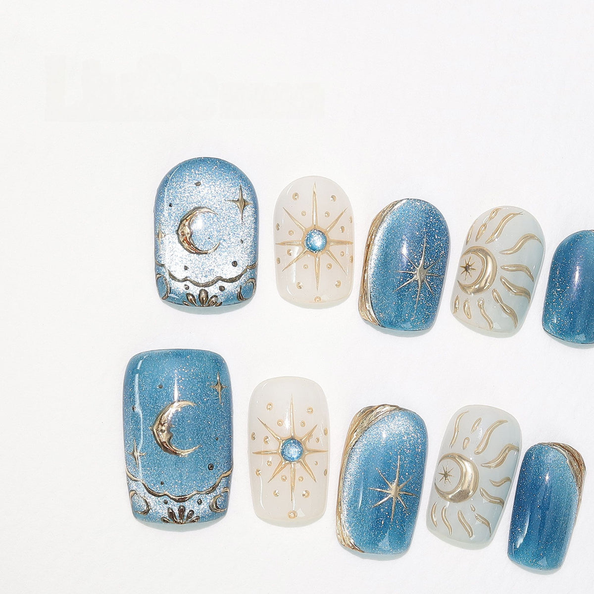 Celestial Blue - Handcrafted Blue Galaxy Cat-Eye & 3D Gold Sun & Moon Press-On Nails