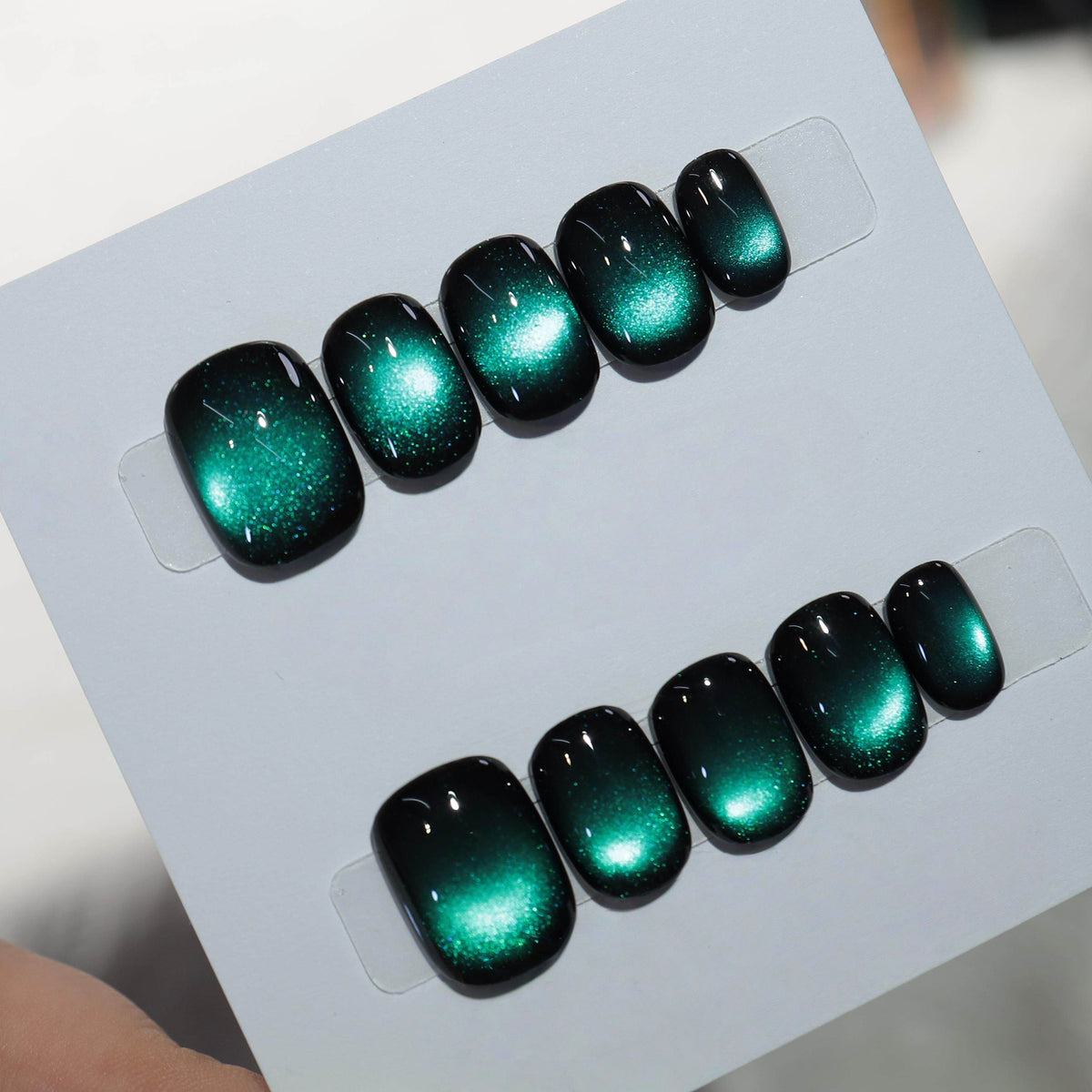 Deep Sea Aurora - Handcrafted Black & Emerald-Blue Cat-Eye Press-On Nails