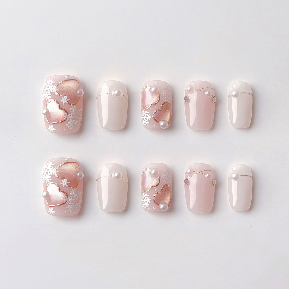 Winter Pink Snowflake - Handcrafted Rose Gold Cat-Eye Hearts & 3D Snowflake Press-On Nails