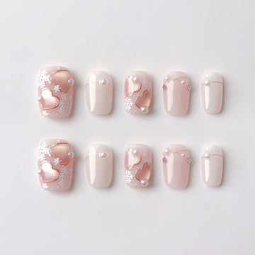 Winter Pink Snowflake - Handcrafted Rose Gold Cat-Eye Hearts & 3D Snowflake Press-On Nails
