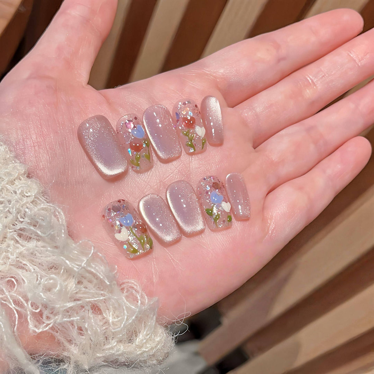 Pink Tulip Cat-Eye - Handcrafted Blush Pink Velvet Cat-Eye & Colorful Tulip Art Press-On Nails