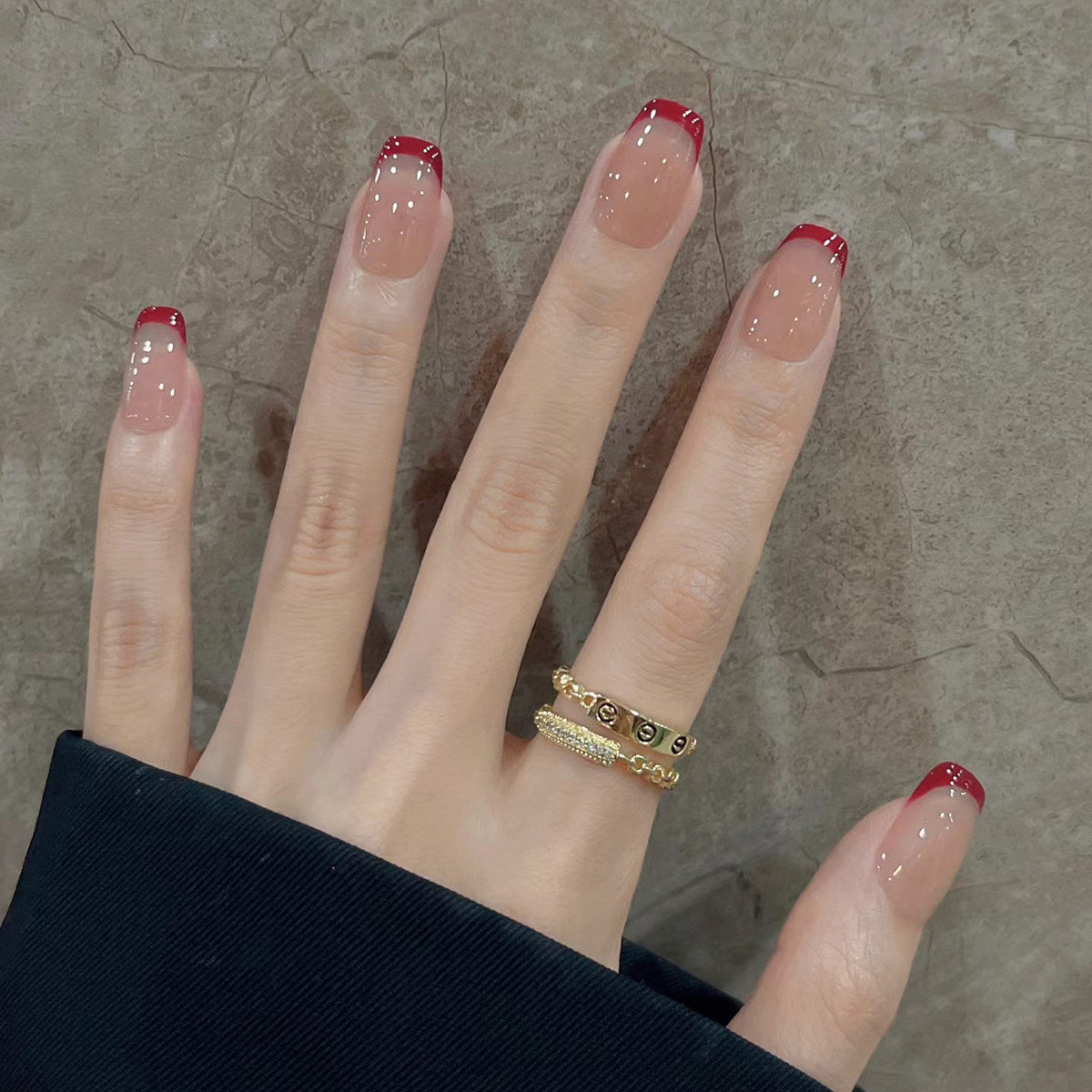 Cherry Mocha French - Handcrafted Wine Red Tip Press-On Nails