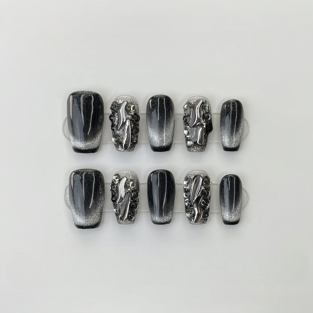 Obsidian Silver Chrome - Handcrafted Black Cat-Eye & 3D Liquid Lava Metal Press-On Nails