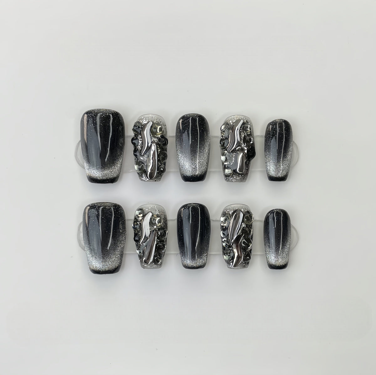 Obsidian Silver Chrome - Handcrafted Black Cat-Eye & 3D Liquid Lava Metal Press-On Nails