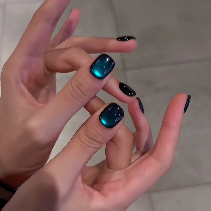 Deep Sea Aurora - Handcrafted Black & Emerald-Blue Cat-Eye Press-On Nails