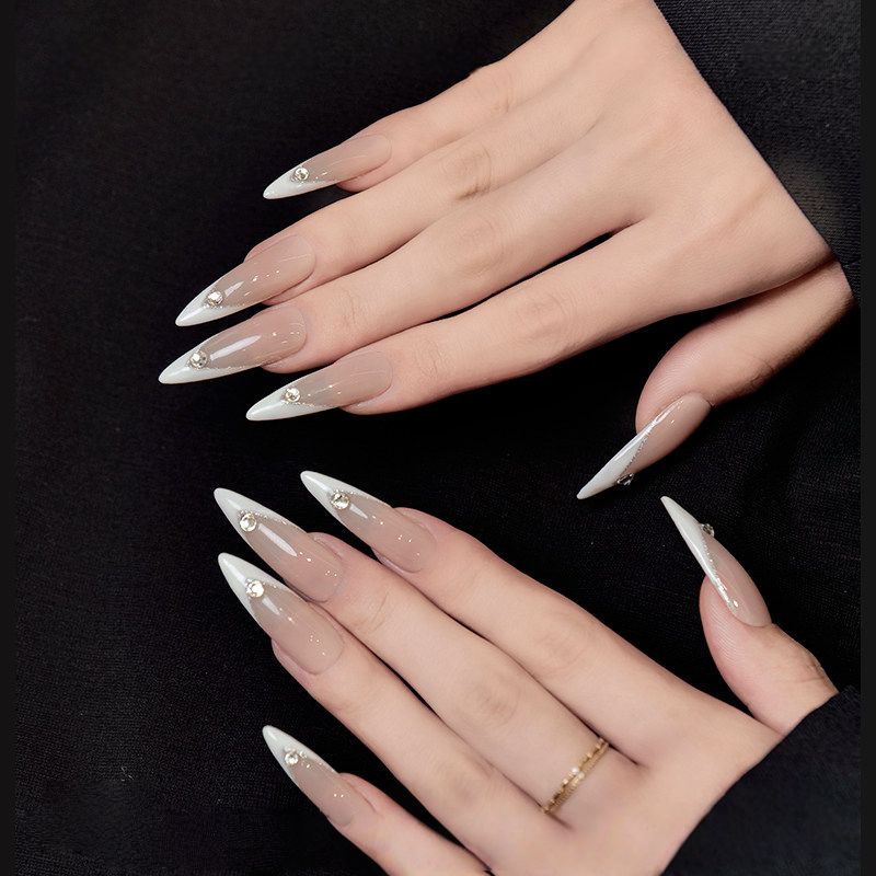 Glow-in-the-Dark Ice Blue French - Handcrafted Night Glow & Rhinestone Long Almond Press-On Nails