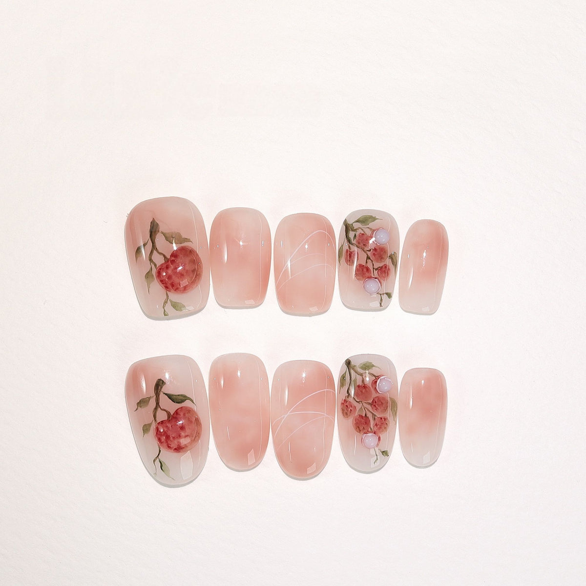 Lychee Orchard - Handcrafted Botanical Watercolor & 3D Lychee Press-On Nails