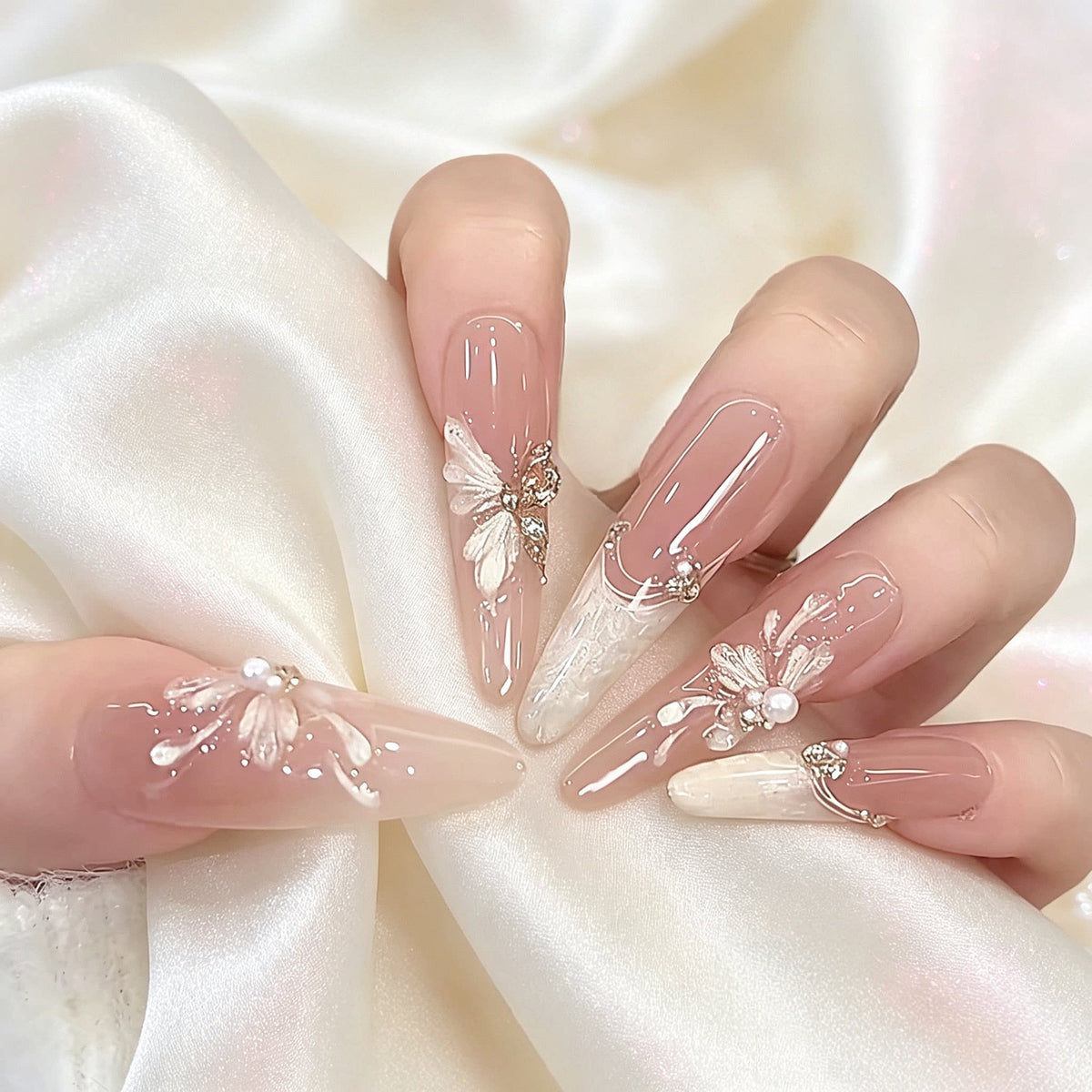Ethereal White Butterfly - Handcrafted 3D Sculpted Butterfly Wings & Pearl Press-On Nails