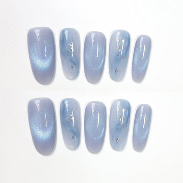 Icy Celestial Blue - Handcrafted Ice Blue Cat-Eye & Fluid Ripple Press-On Nails