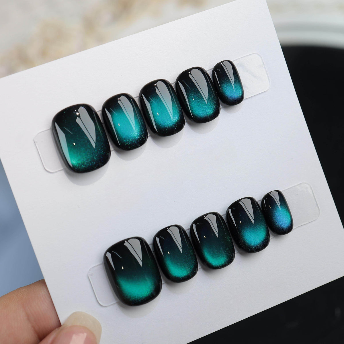 Deep Sea Aurora - Handcrafted Black & Emerald-Blue Cat-Eye Press-On Nails