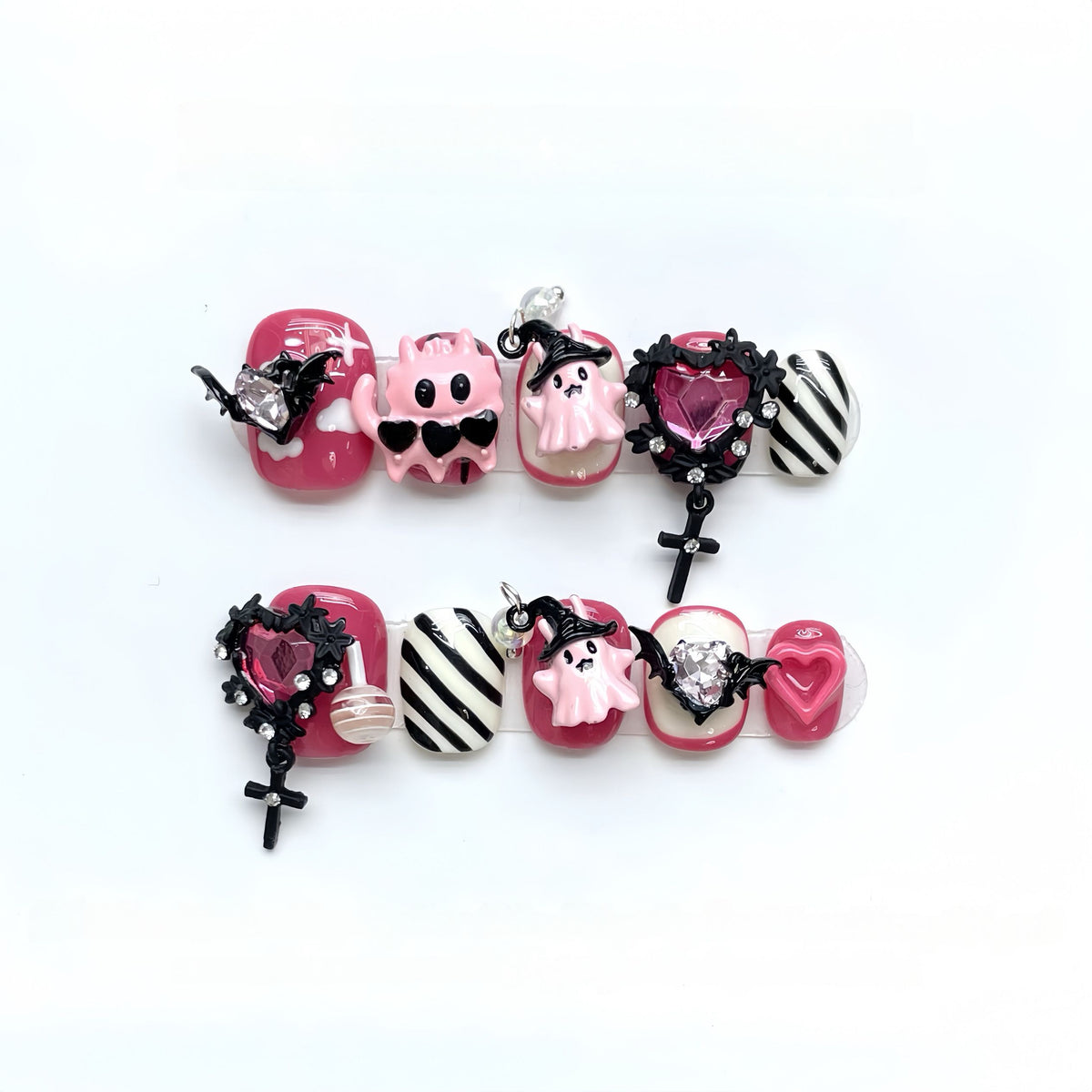 Pastel Goth Spooky - Handcrafted Pink & Black Monster, Ghost & Cross Dangle Press-On Nails