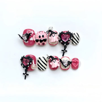 Pastel Goth Spooky - Handcrafted Pink & Black Monster, Ghost & Cross Dangle Press-On Nails