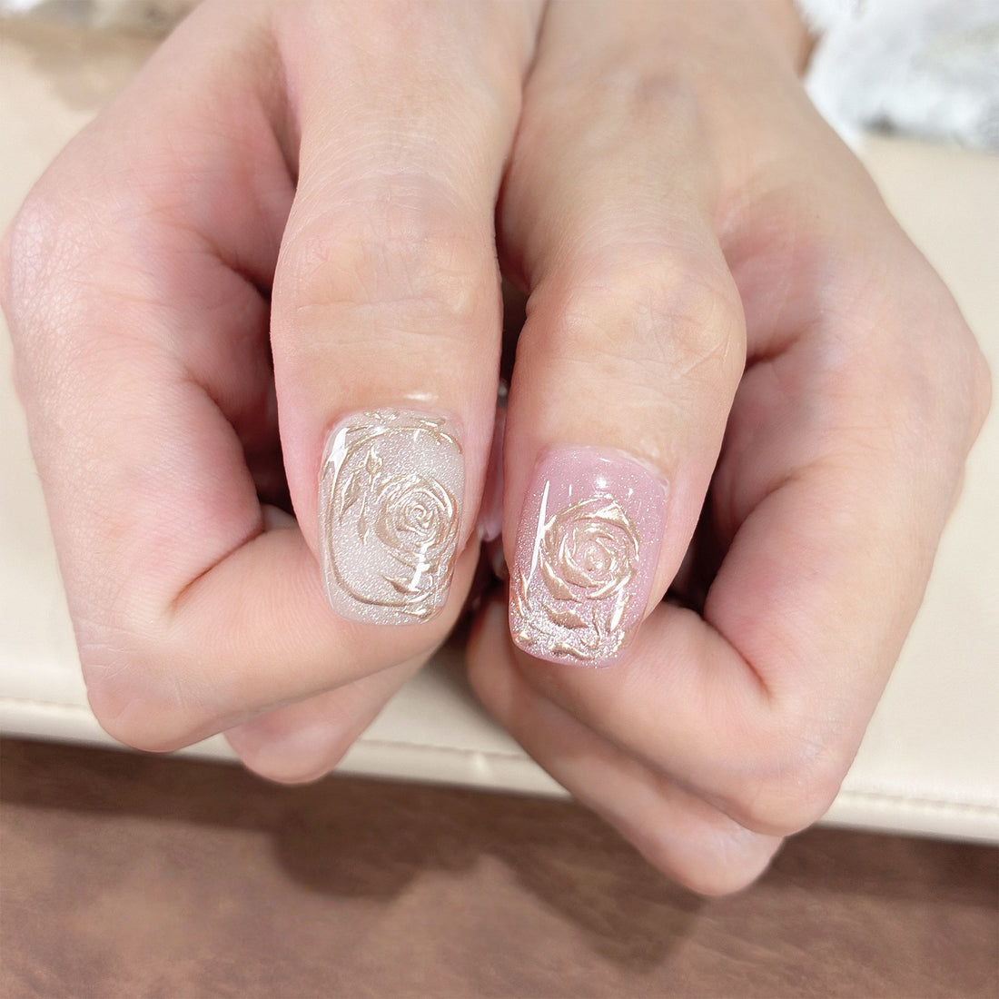 French Gold Relief Rose - Handcrafted Pink Cat-Eye & 3D Gold Rose Press-On Nails
