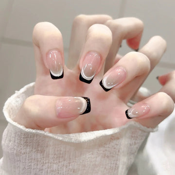 Black French Cat-Eye - Handcrafted Translucent Nude & Black French Tip Press-On Nails