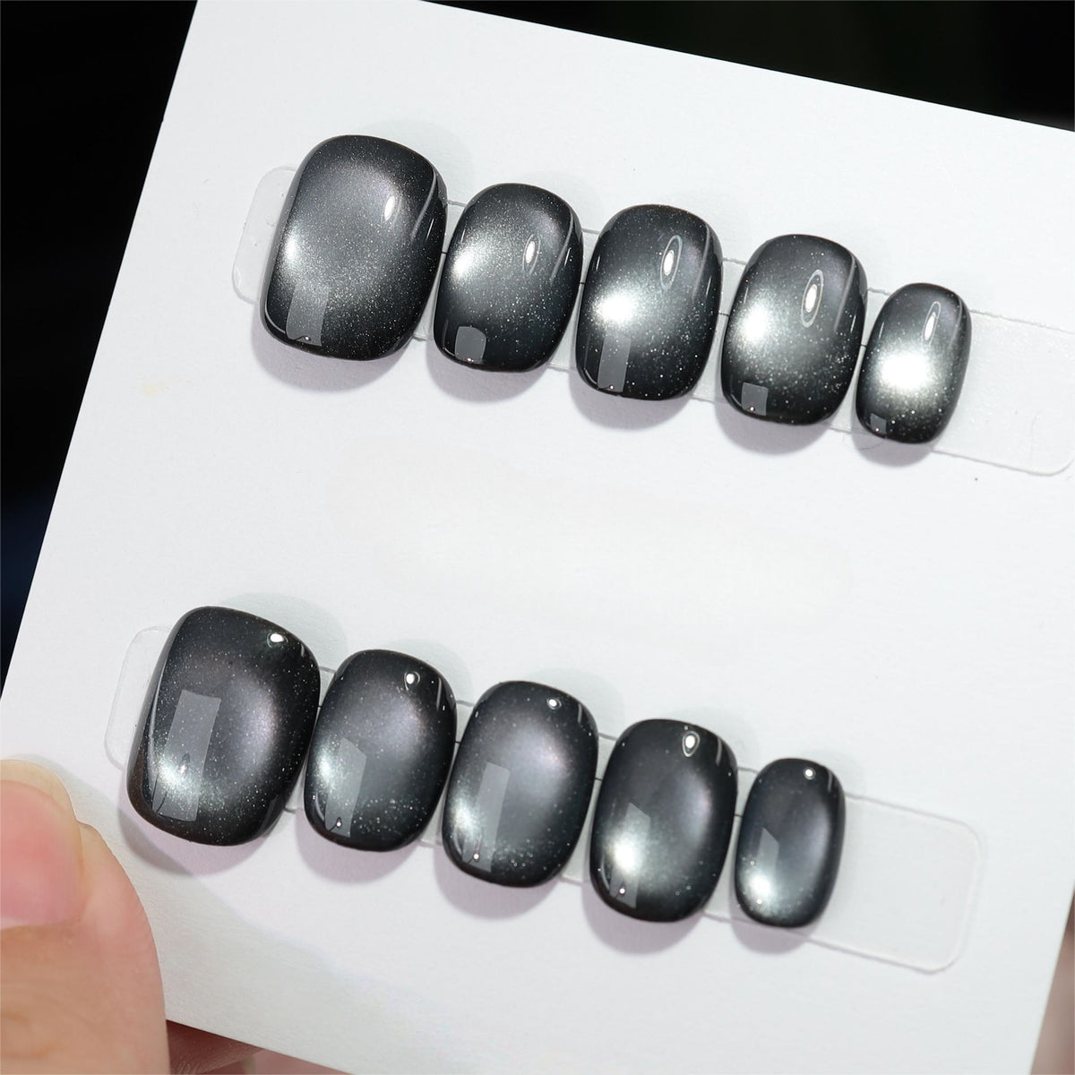 Obsidian Cat-Eye - Handcrafted Dark Charcoal & Silver Magnetic Velvet Press-On Nails