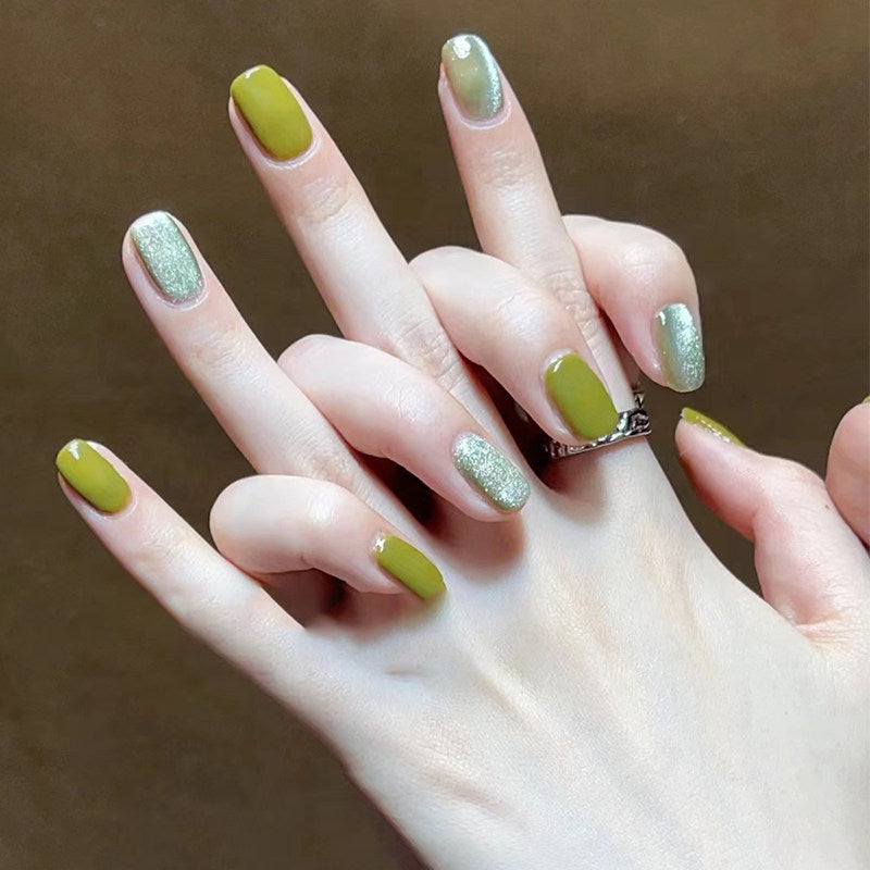Matcha Velvet - Handcrafted Avocado Green & Silver Cat-Eye Press-On Nails