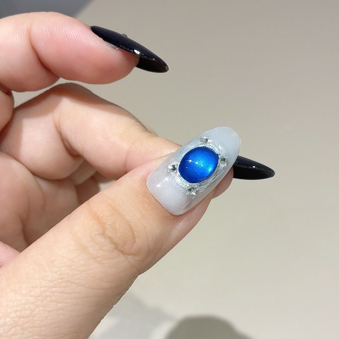 Midnight Royal Goth Gem - Handcrafted Royal Blue Cat-Eye, Gothic Cross & Sapphire Gem Press-On Nails