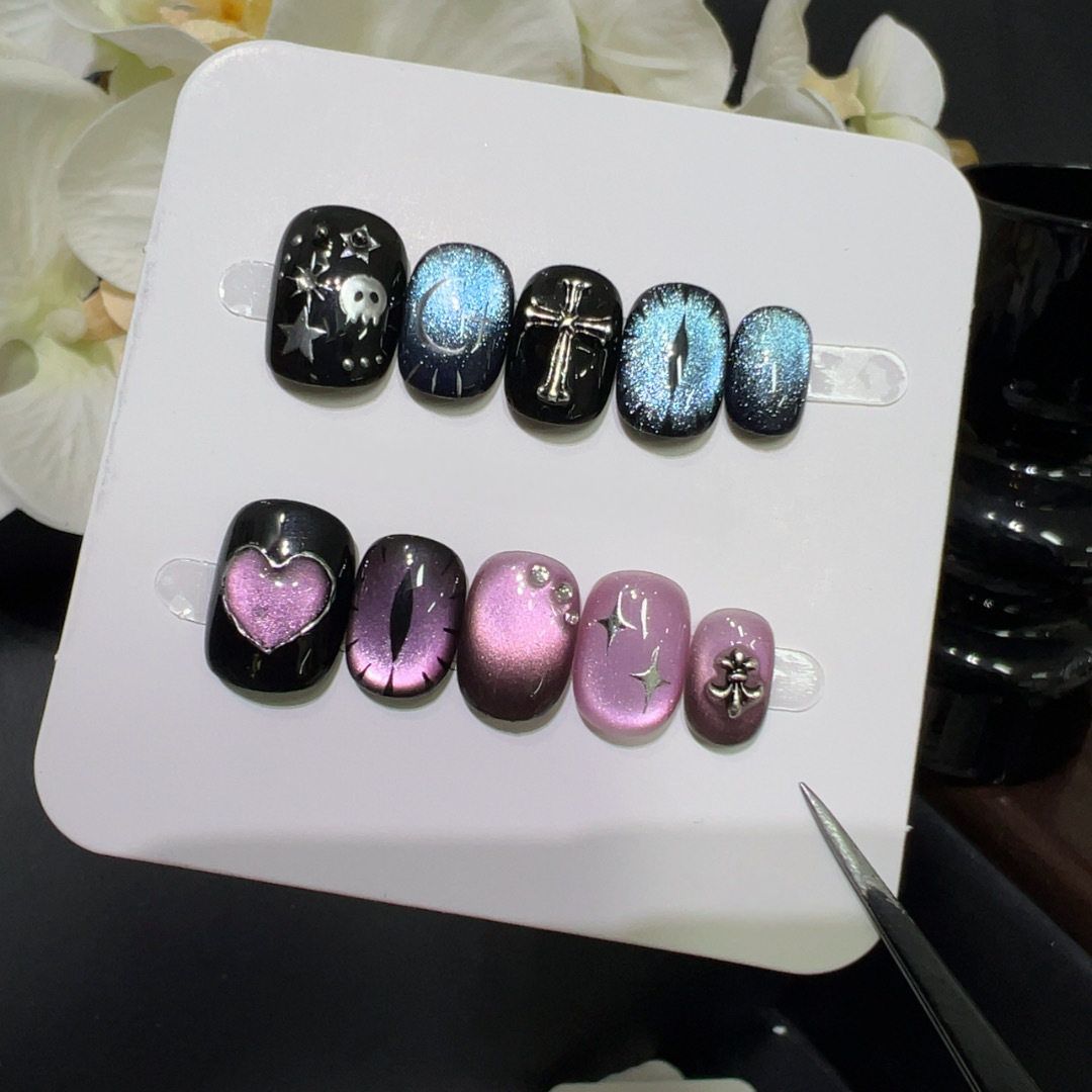 Gothic Dragon Eye - Handcrafted Blue & Pink Cat-Eye Chrome Cross Press-On Nails