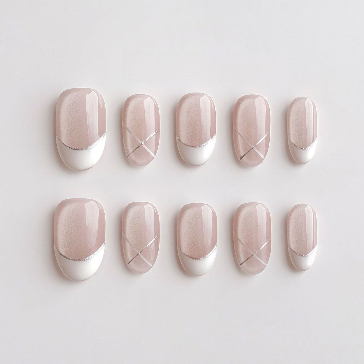 Pearl Cat-Eye White French - Handcrafted Soft Shimmer & Silver Cross Line Press-On Nails