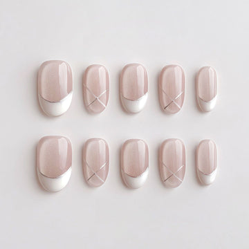 Pearl Cat-Eye White French - Handcrafted Soft Shimmer & Silver Cross Line Press-On Nails