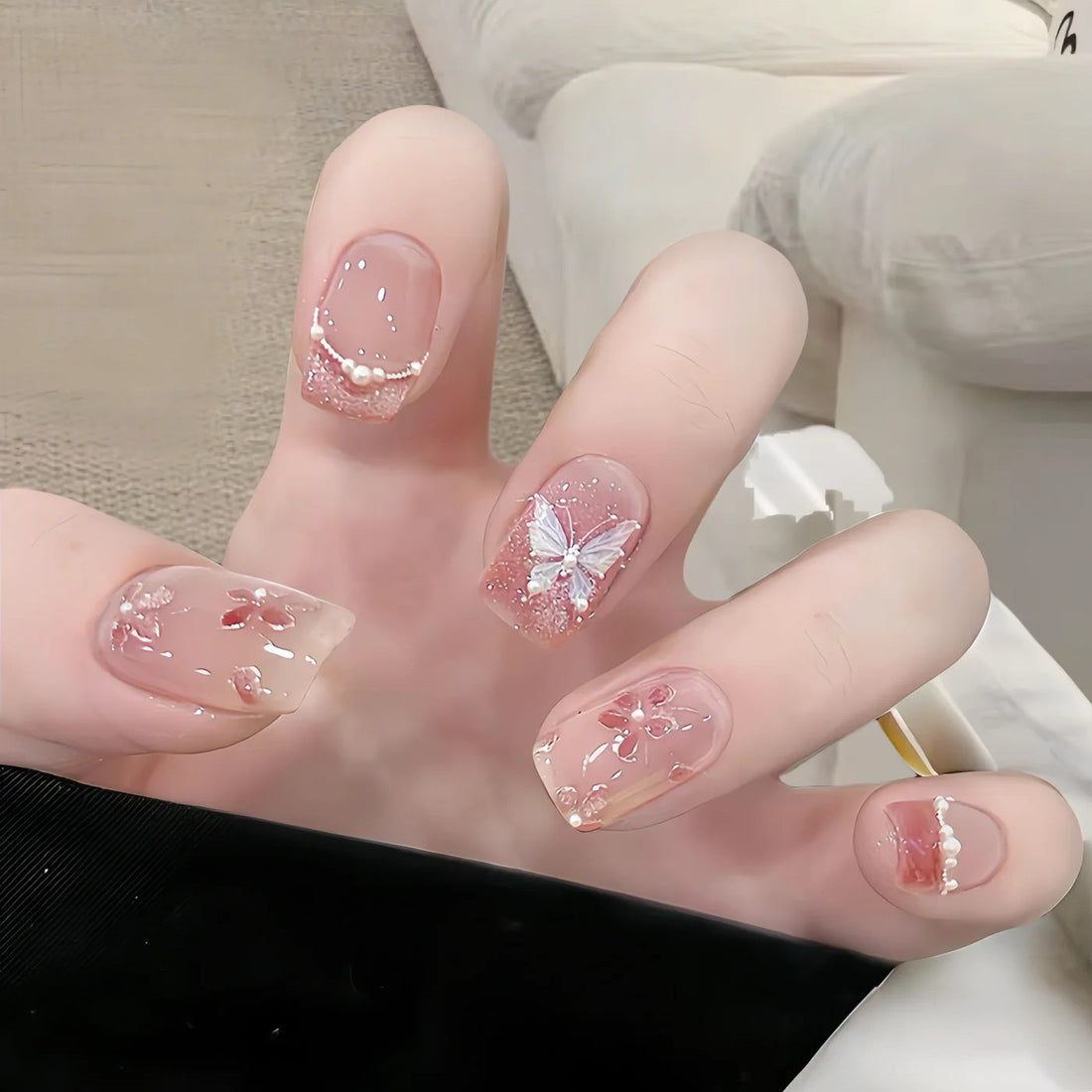 Aurora Pink Butterfly Floral - Handcrafted Pink Cat-Eye & 3D Glass Butterfly Press-On Nails