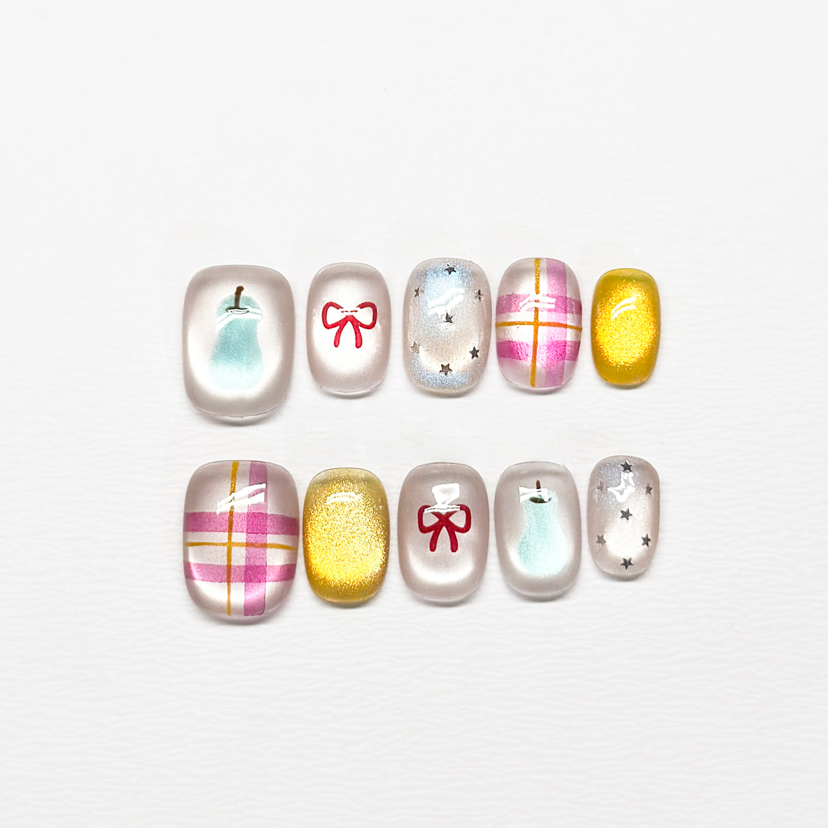 Doodle Bows & Gingham - Handcrafted Y2K Celestial & Cat-Eye Press-On Nails