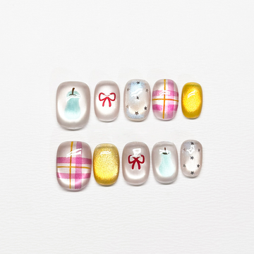Doodle Bows & Gingham - Handcrafted Y2K Celestial & Cat-Eye Press-On Nails