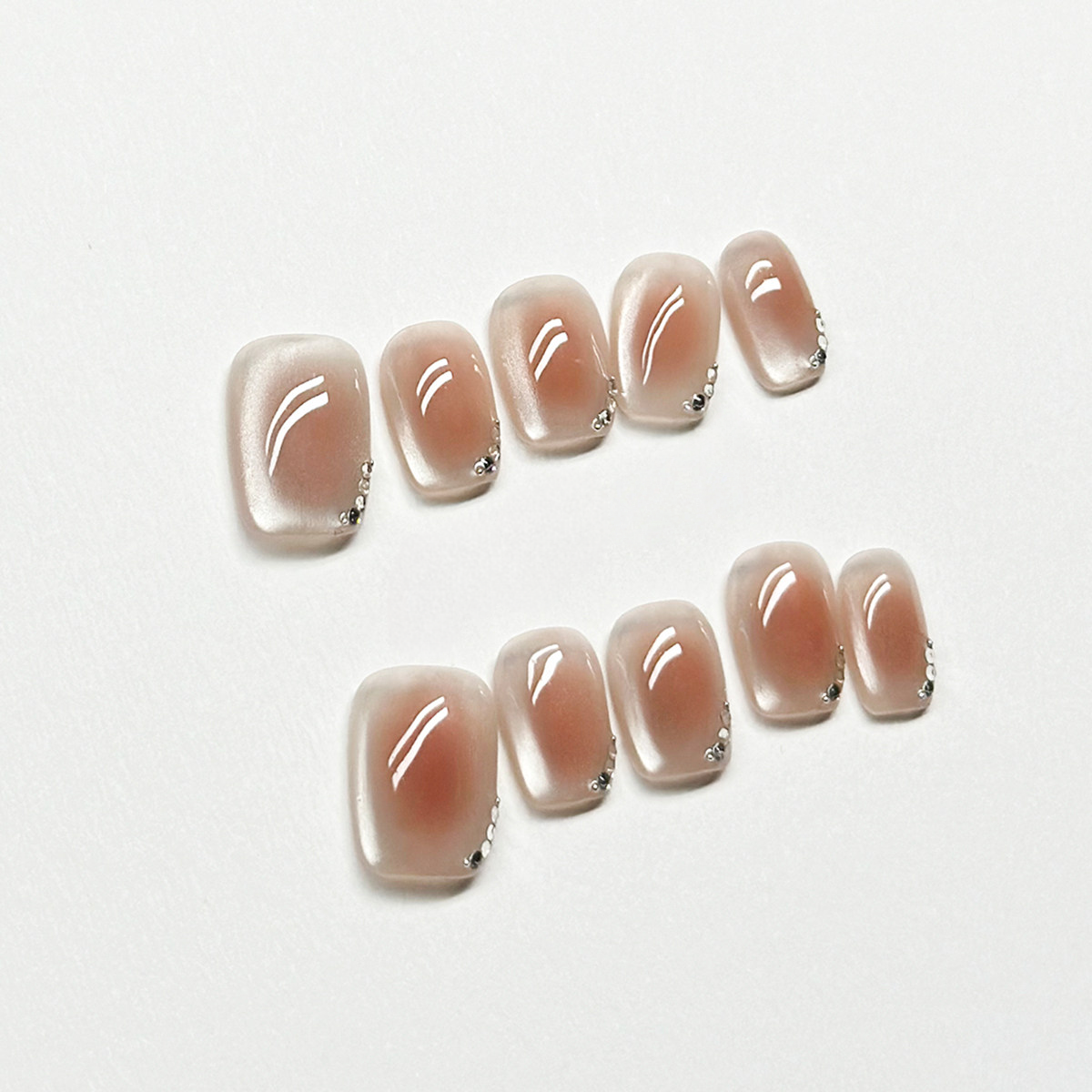 Nude Aura - Handcrafted Sheer Blush Cat-Eye & Rhinestone Press-On Nails