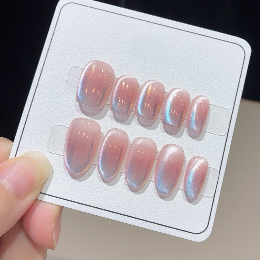 Rose Aurora Chrome - Handcrafted Translucent Peach & Golden Aurora Mirror Press-On Nails