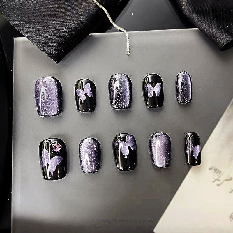 Gothic Butterfly - Handcrafted Purple Galaxy Cat-Eye & 3D Star Press-On Nails