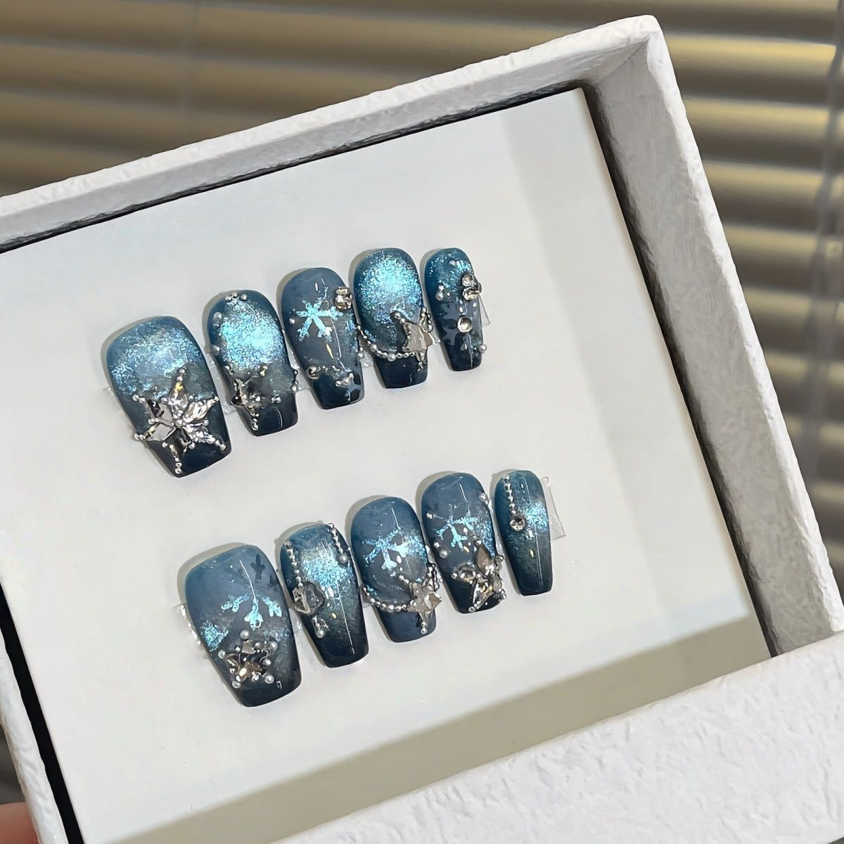 Icy Snowflake - Handcrafted Night Blue Cat-Eye & 3D Crystal Star Press-On Nails